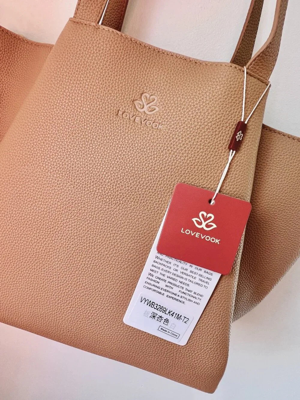 Lovevook Laptop Tote 15.6 inch faux leather bag with clutch in Apricot Brown NWT